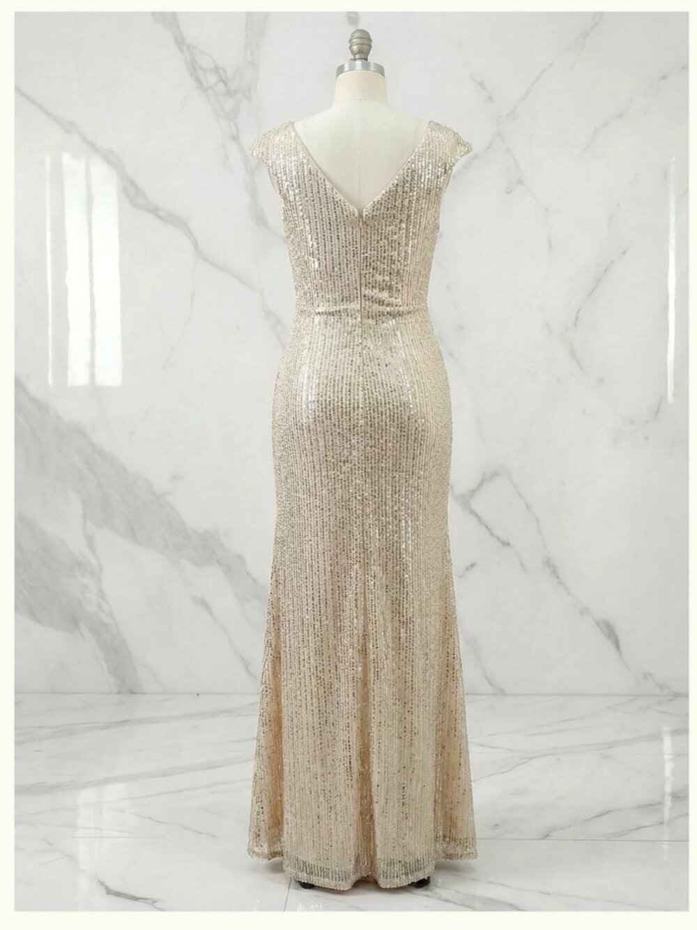 DreamyLily Women Golden Champagne Sequin Sleeveless Long A-line Gown Dress - Picture 3 of 10